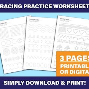 May include: Three printable or digital tracing worksheets for kids. The worksheets feature a variety of shapes and lines to trace, including circles, squares, triangles, hearts, stars, and wavy lines. The text "SteadyHands Tracing Practice" is at the top of each worksheet.