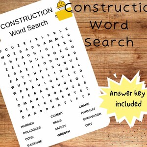 Construction Word Search Instant Download, Printable Construction Word Search, PDF Construction Word Search