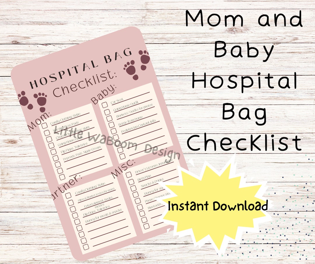 New Mom Hospital Bag Checklist Printable, Hospital Bag Packing List