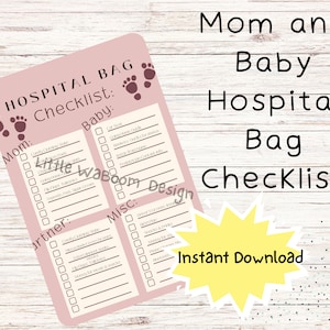 Lista de verificación de bolsas de hospital para nuevas mamás imprimible, lista de empaque de bolsas de hospital, descarga instantánea, regalo en PDF para baby shower