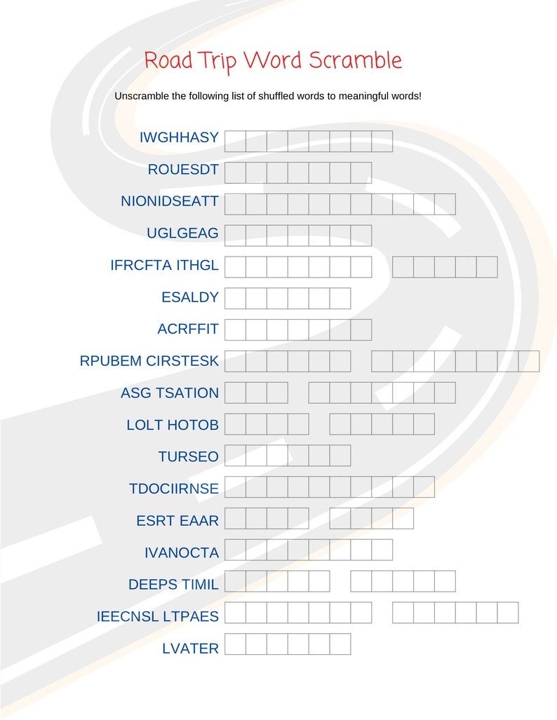 Road Trip Word Scramble Printable, Car Ride Word Scramble Instant ...