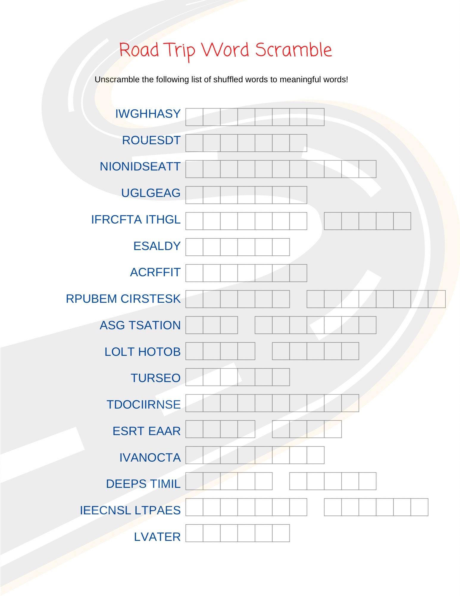 Road Trip Word Scramble Printable, Car Ride Word Scramble Instant Download, Road Trip Word