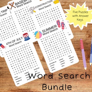 Construction, Summer, Fourth of July, Road Trip and Baseball Word Search Instant Download, Printable