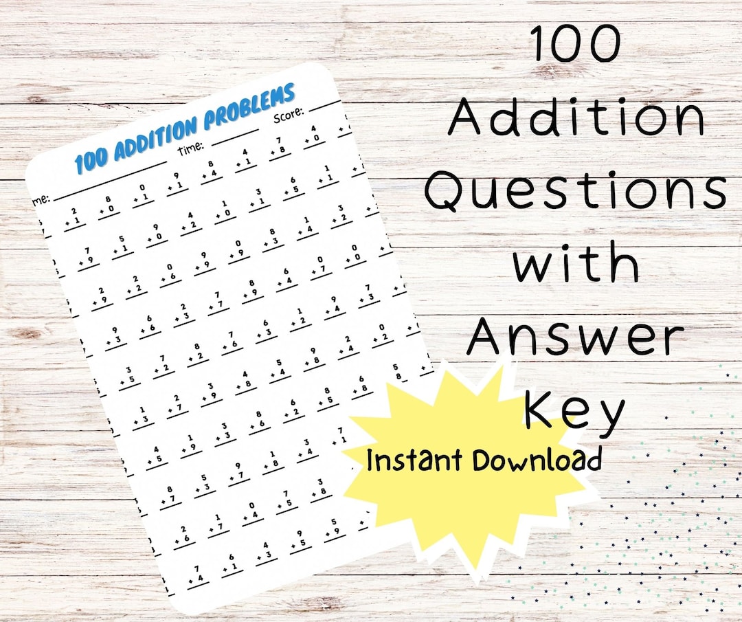 100 Addition Question Instant Download, Addition Printable, Math PDF - Etsy