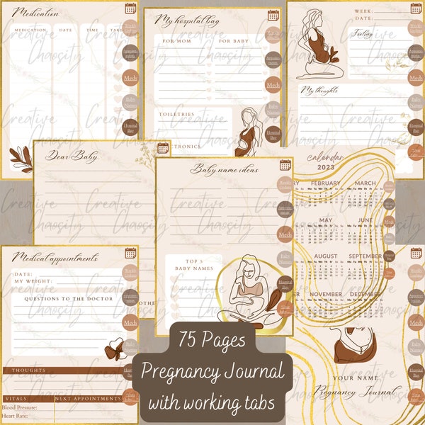 75 Page Digital pregnancy journal/diary/planner with hyperlinks | interactive digital journal | GoodNotes Pregnancy Journal | boho Journal