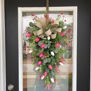 Mother's Day Gift|Best selling|Spring swag|front door swag wreath|pink tulip swag wreath|swag hanger|outdoor swag|indoor swag|teardrop swag