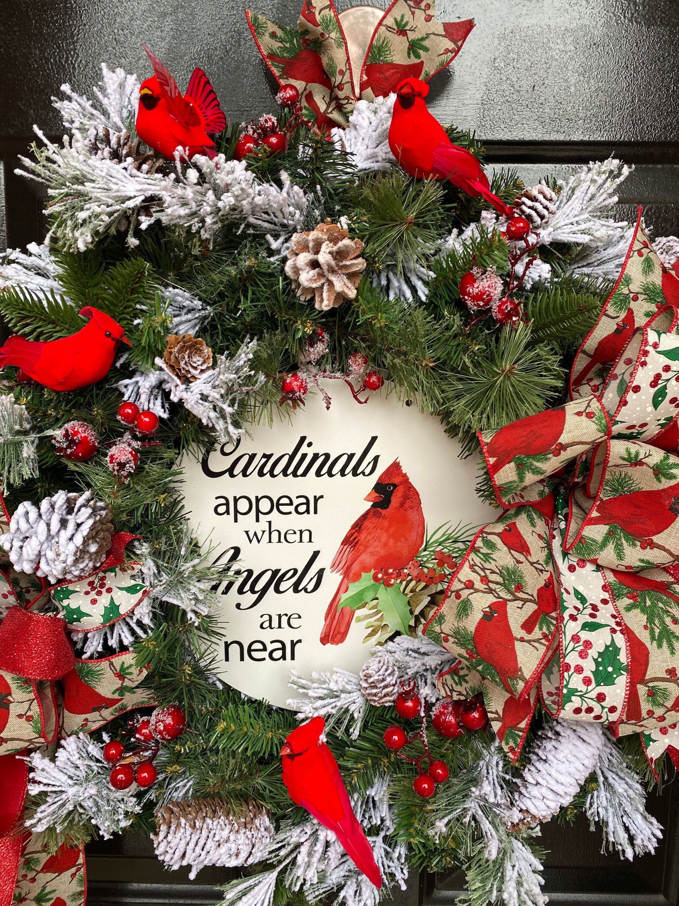 Cardinal Winter Wreath: Snowy Pine Cones, Holiday Front Door Decor