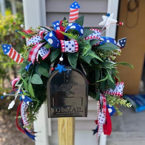 Mailbox swag|patriotic swag|swag|Ready to attach|Beautiful 4th of July bow and greenery florals|4th of July accent piece