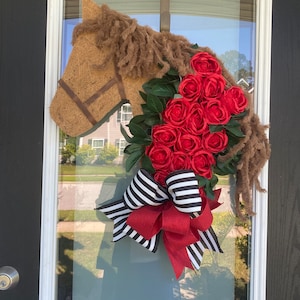 Horse Head Wreath: Roses, Leather Bridle, Derby Door Hanger