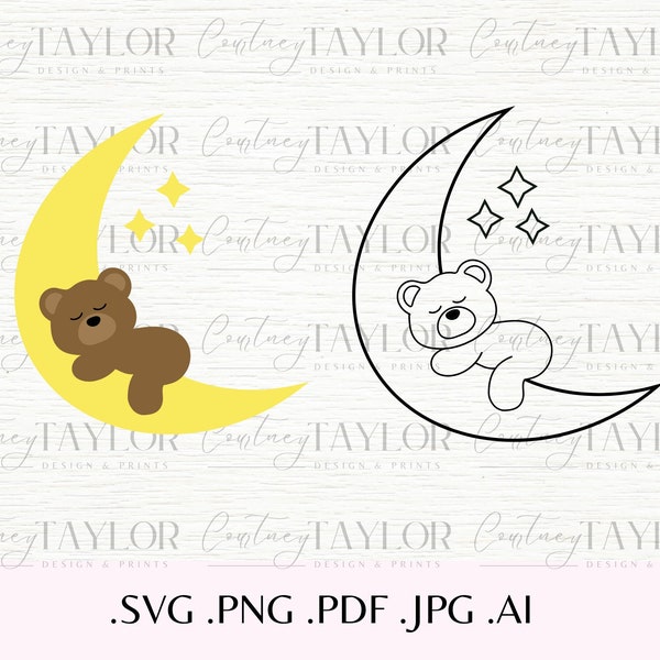 Sleepy Bear on Moon Svg, Cute Bear Clipart, Baby Bear Svg, Sleepy Bear Png, Teddy Bear Svg, Transparent Bear