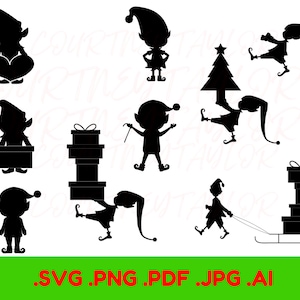Puede incluir: Una colección de siluetas negras de elfos navideños en varias poses. Algunos elfos sostienen regalos, un bastón de caramelo o un árbol de Navidad. La imagen incluye el texto ".SVG .PNG .PDF .JPG .AI" en verde y rojo.