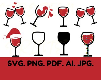 Pakiet świątecznych kieliszków do wina w formacie SVG: Clipart miłośnika wina (do pobrania w wersji cyfrowej)