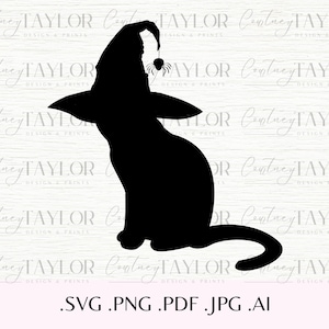 May include: Black silhouette of a cat wearing a witch's hat with a spider on the top. The cat is sitting with its tail curled around its body.