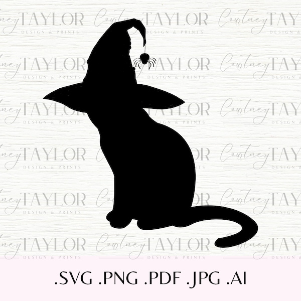Halloween Cat Svg, Black Cat Svg, Halloween Cat Silhouette, Spooky Cat Svg, Spooky Cat Vector, Cat with Witch Hat, black cat png