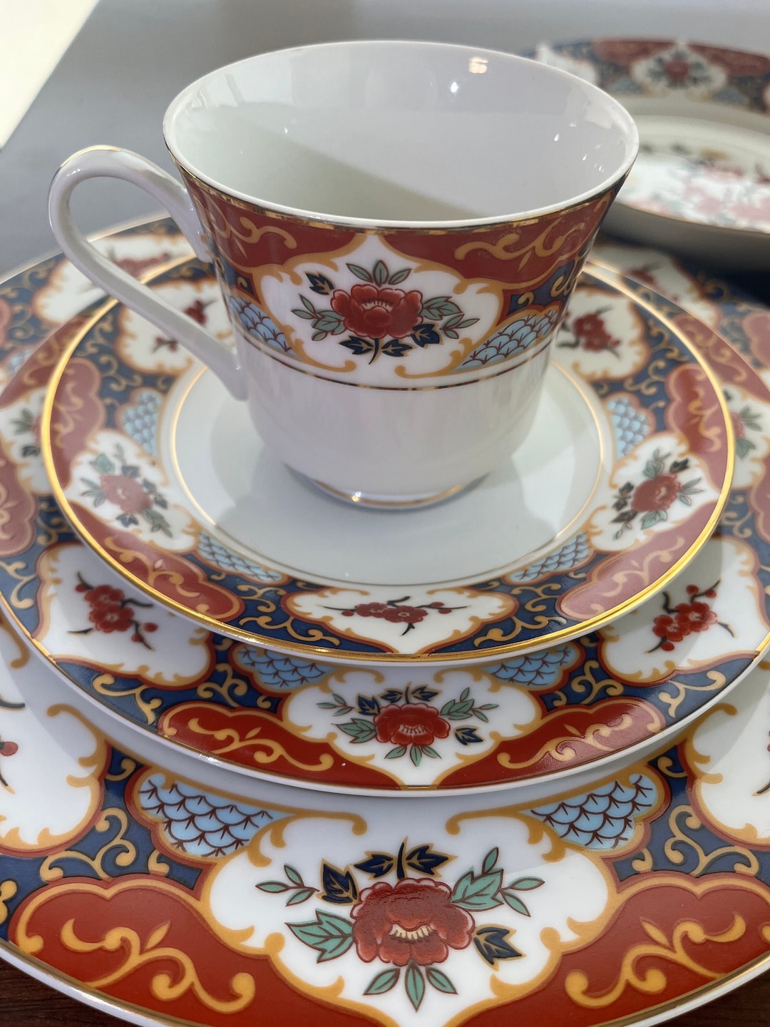 Japanese Dinnerware Set 5 Piece China Dinner and Salad Plates, Bowl, Cup and Saucer Kyoto Imari