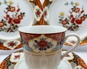 Japanese China 4 Piece Set Tea Cup and Saucer, Salad Plate, Coupe Bowl 1970s Imari Style Lunch Service for 1 Vintage Porcelain