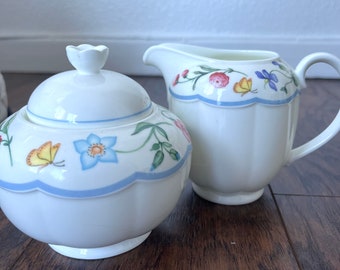 Vintage Creamer and Sugar Bowl with Lid | Butterflies and Flowers Villeroy and Boch Mariposa Pattern | Small Crack to Handle of Creamer