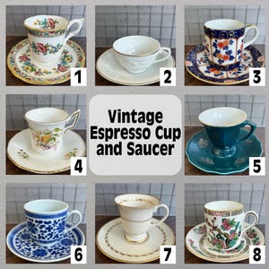 May include: A collection of ten vintage espresso cups and saucers in various colors and patterns. The cups and saucers are arranged in a grid pattern on a white background. The text "Vintage Espresso Cup and Saucer" is displayed in the center of the image.