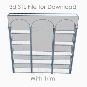 Dollhouse bookcase Unit, Arch bookcase with Trim included, 3D STL file for download, Dollhouse Miniatures, Book shelf, Miniature Bookcase