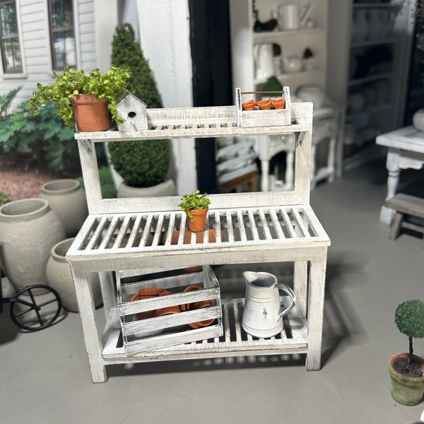 Miniature Dollhouse Garden Decor, This custom potting bench is hand painted in a distressed aged  country farmhouse white finish