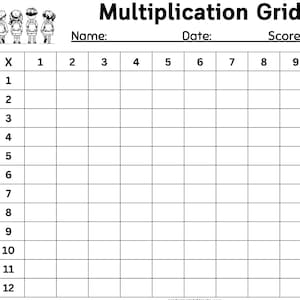 Puede incluir: Una cuadrícula de multiplicación en blanco y negro con los números del 1 al 12 enumerados en la parte superior y en el lateral. La cuadrícula está dividida en 144 cuadrados.
