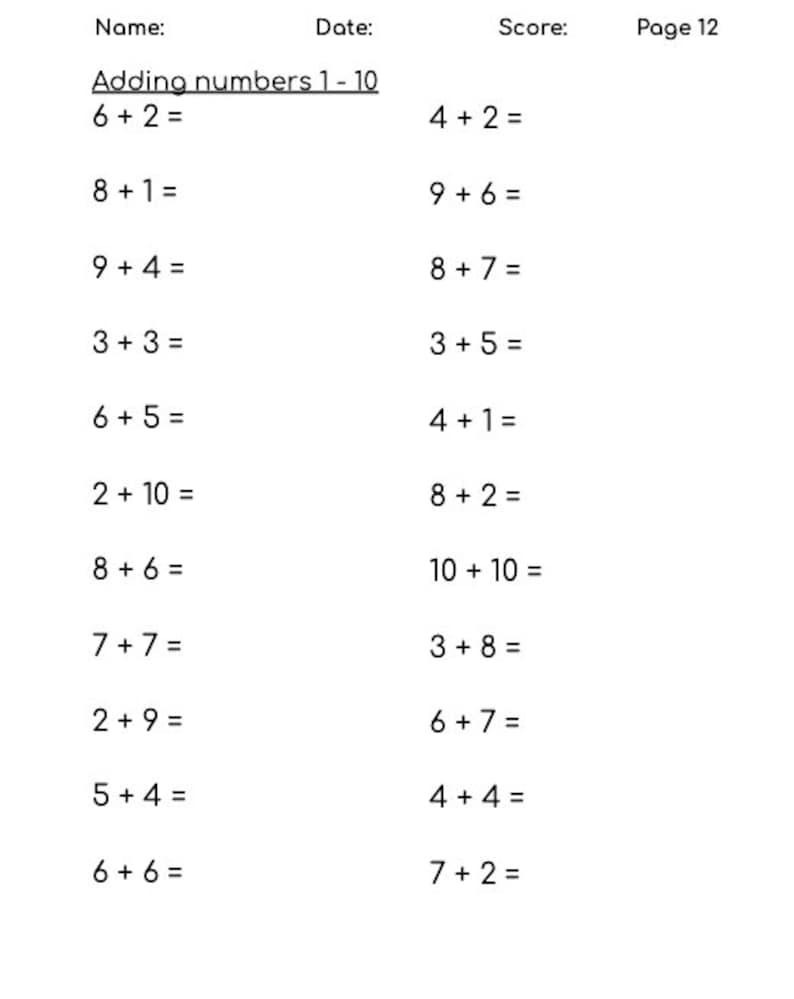 Addition Single Digits, 15 Worksheets, Adding Numbers 110, Printable
