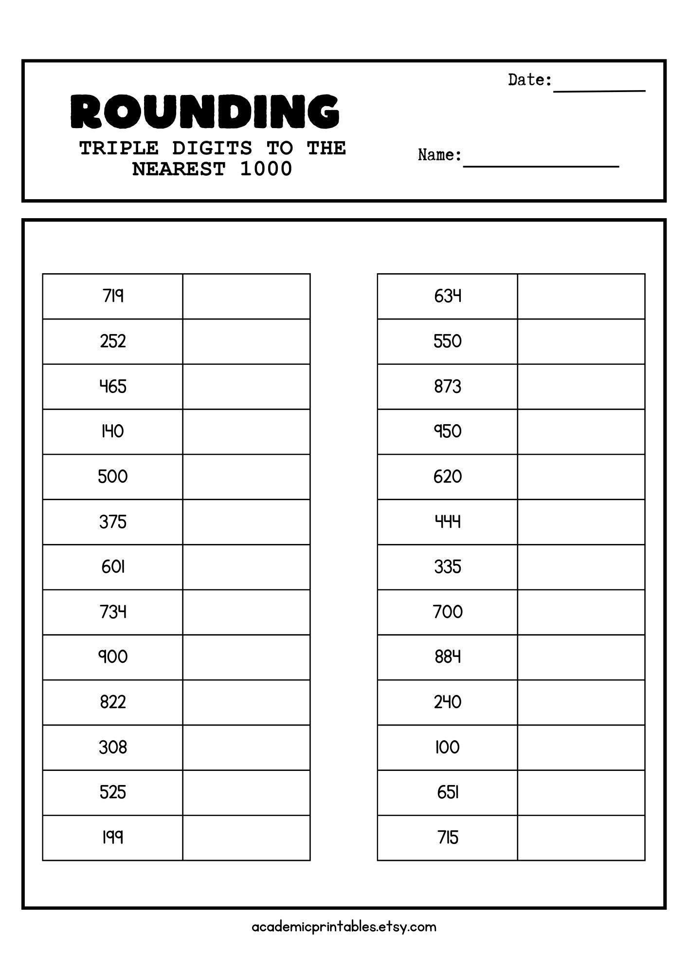 10 Rounding Math Worksheets, Numbers 1 to 1000, Printable, Digital ...
