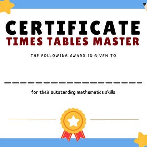 Pode incluir: Um certificado com borda azul e interior branco, com o texto "CERTIFICATE TIMES TABLES MASTER". O certificado inclui um espaço para um nome e a frase "for their outstanding mathematics skills". Estrelas e lápis amarelos decoram os cantos.