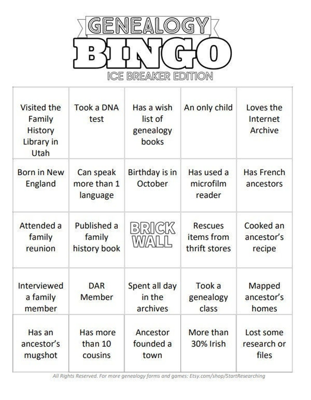 Genealogy Bingo Ice Breaker Edition Etsy