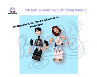 Wedding Couple Custom Minifigure with head, hair customisation | Bride & Groom |Wedding Favour |Cake Topper |Anniversary Present |Decor |OSF