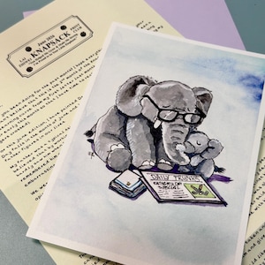 May include: A watercolor illustration of a large elephant wearing black glasses hugging a small elephant. Below them is a newspaper titled Daily Trunks with the headline Father's Day Special. The print is on a cream paper with text.