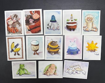 ACEO Limited Edition Prints, Watercolour Ink, Signed by Artist Lai Zhiwei | Punch Monkey, Pigeon, Banana, Cake, Coffee, Bee, Mama Orangutan