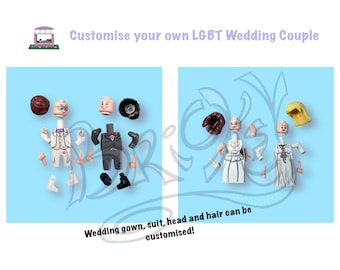 LGBTQ Wedding Couple Custom Minifigure with head, hair customisation |Wedding Favour |Cake Topper |Anniversary Present |Decor |OSF