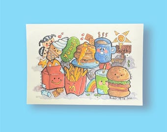 A print of a hand drawn Childhood Fastfood Postcard with envelope | 200gsm | 300gsm | a6