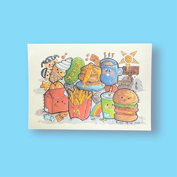 A print of a hand drawn Childhood Fastfood Postcard with envelope | 200gsm | 300gsm | a6