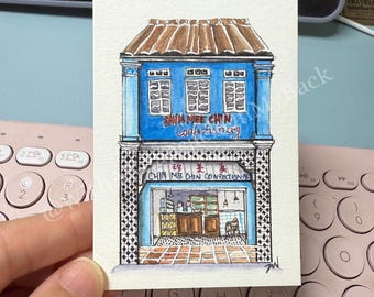 ACEO Original Artwork Singapore Peranakan Heritage Shophouse Chin Mee Chin Confectionary, Watercolour Ink, Signed by Artist Lai Zhiwei