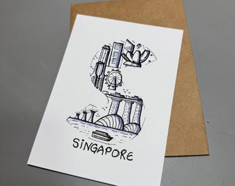 A print of a hand drawn Singapore Marina Skyline Postcard with envelope | 200gsm | 300gsm | a6