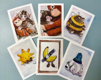 ACEO Limited Edition Prints, Watercolour Ink, Signed by Artist Lai Zhiwei | Punch Monkey, Pigeon, Banana, Cake, Coffee, Bee, Mama Orangutan