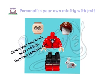 Personalise your own Minifigure with head, hair, body and legs and a Pet | Cake Topper |Anniversary | Thank you Gift | Brick Lover