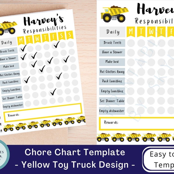 Editable Kids Daily Chore and Responsibilities Chart, Printable Children Boy Chore Chart, Childrens Editable Chart Trucks and Toys