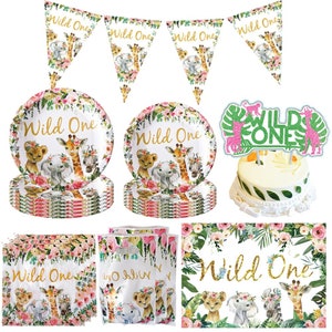 Pink Wild One Jungle Animal Party Tableware Birthday Decoration Disposable Dinnerware Kids Baby Shower Jungle Safari Party Decor Supplies