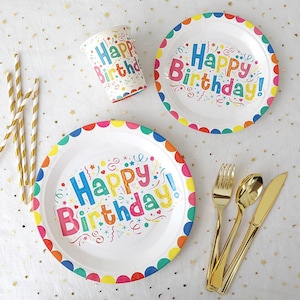 Happy Birthday Party Tableware Disposable Dinnerware Paper Plates Cups Party Supplies Rainbow Confetti Decoration