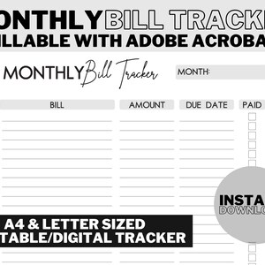 Editable Bill Payment Tracker: Monthly Bill Planner & Log, Printable Bill Payment Checklist, Digital Download