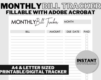 Editable Monthly Bill Tracker: Printable Payment Checklist (Digital Download)