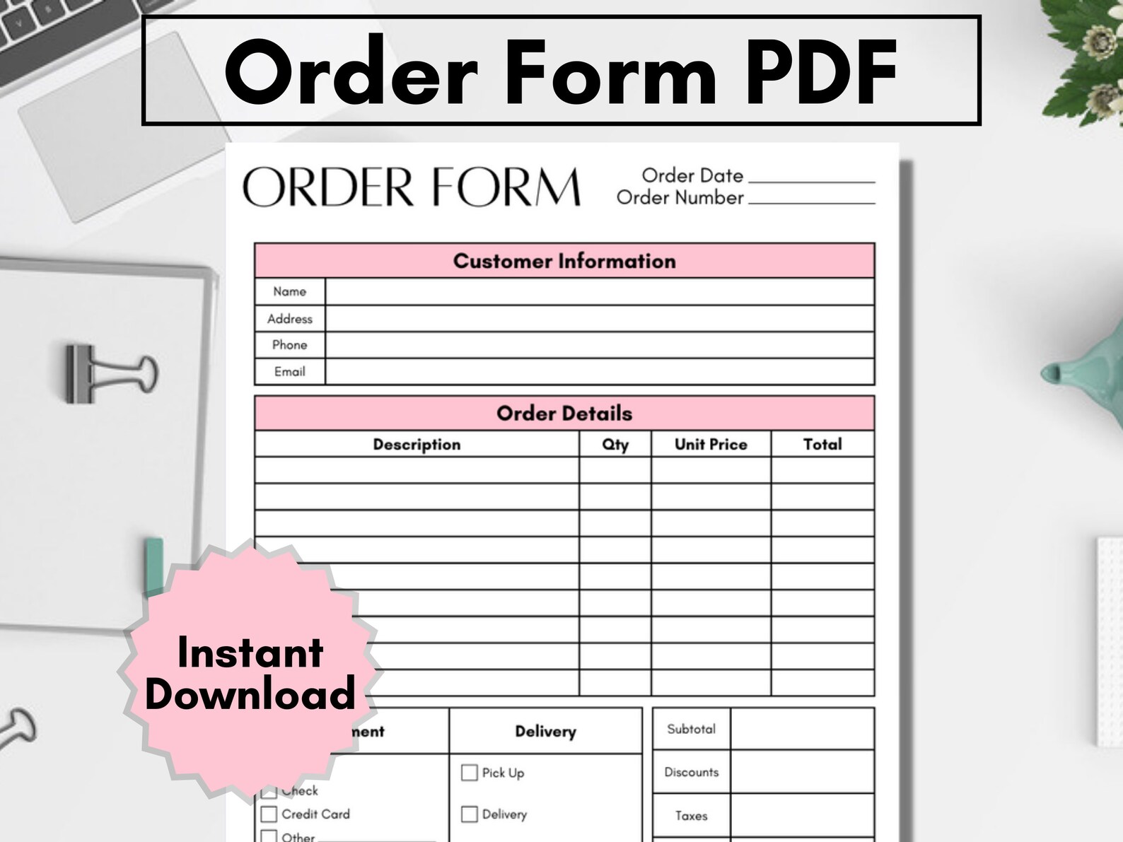 Small Business Order Form Template – Printable Purchase Tracker (PDF ...