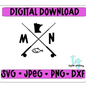 May include: Black and white digital download design featuring a fishing rod and reel, a fish, and the outline of the state of Minnesota with the letters "MN" on either side of the design. The design is on a white background with a pink banner at the top that says "DIGITAL DOWNLOAD" and a pink banner at the bottom that says "SVG - JPEG - PNG - DXF".