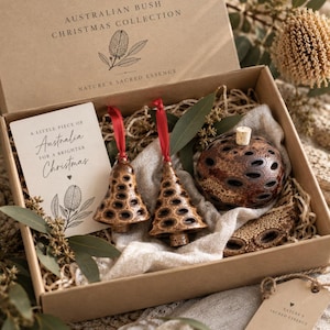 May include: A gift box labelled Australian Bush Christmas Collection containing two hanging ornaments made from brown seed pods, one bell-shaped and one tree-shaped, both with red ribbons, alongside a round seed pod and a card with printed text.