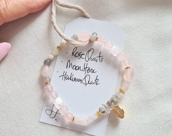 Handmade Rose Quartz Bracelet: Moonstone, Self-Love, Fertility Goddess