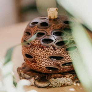 May include: A spherical, brown decorative object with a textured surface and numerous oval openings. It has a small, light-coloured stopper and sits on a wooden base. The design suggests a natural, organic theme. The object's diameter is approximately 10 cm.