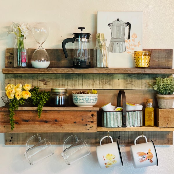 Allynn Home Coffee Tea Shelf Organizing Station for Wall Mounting from Reclaimed Wood—Sturdy